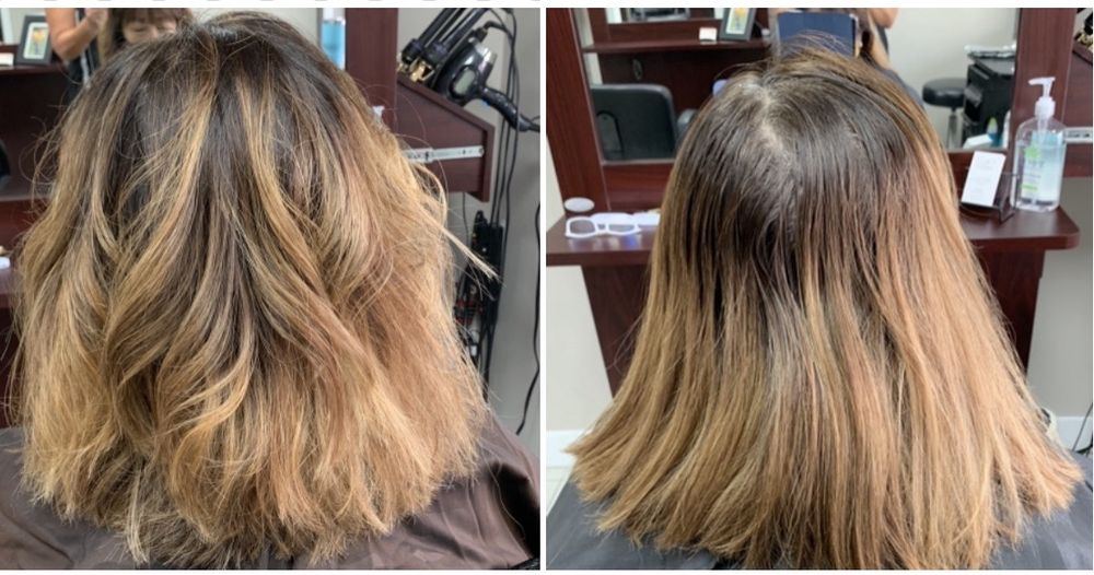 Two back views of shoulder-length hair: brassy, uneven lightened ends, then a smoother, blended honey blonde