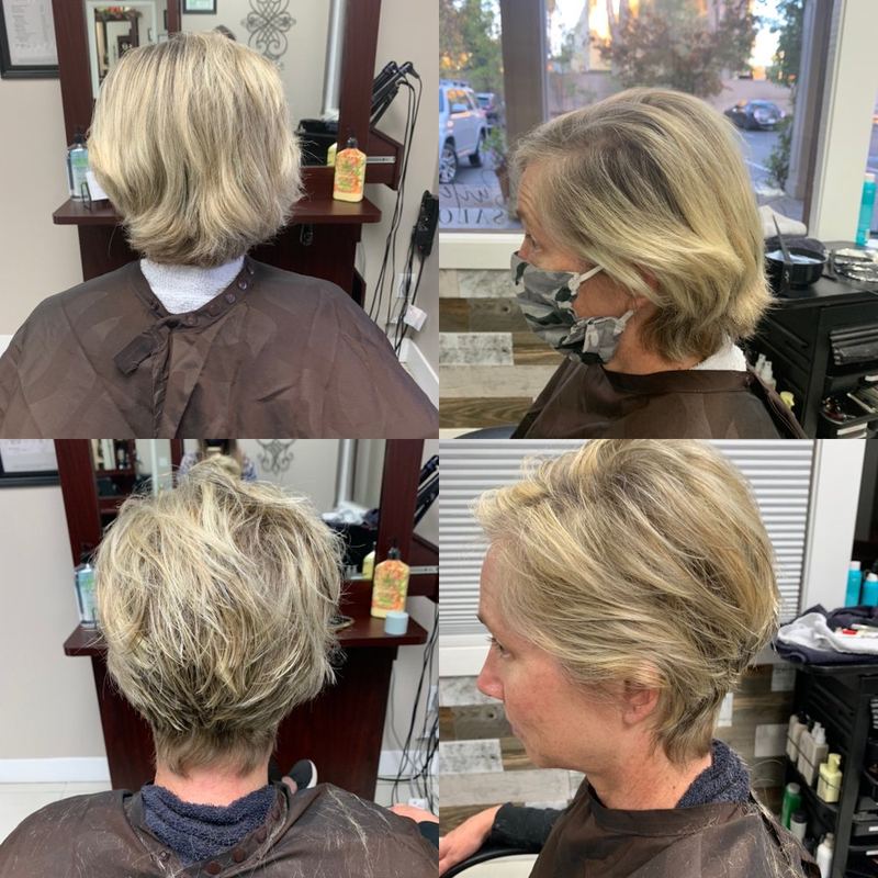 Four views of a blonde haircut: a chin-length bob before, then a short, textured crop from the back and side