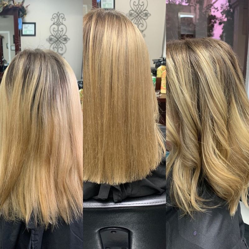 Three views of long blonde hair: grown-out roots, then a sleek straight blonde, then soft golden waves