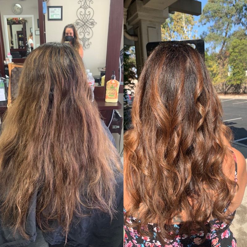 Before and after: long, flat brown hair, then warm caramel brunette color styled in loose waves