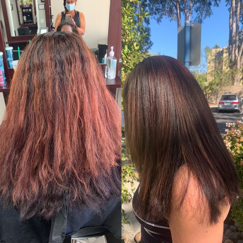 Before and after: long hair with faded red color, then a glossy, even brunette